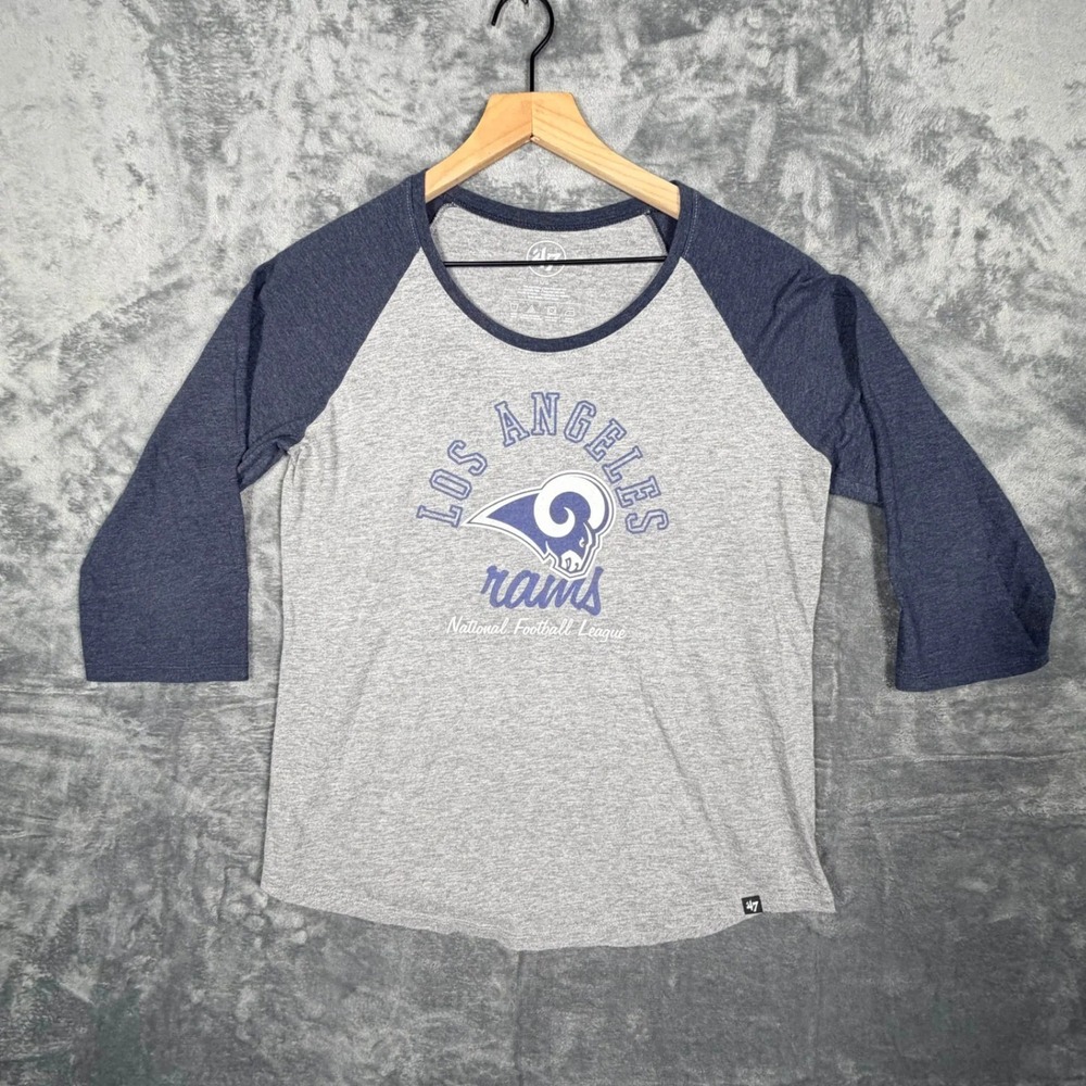 47 Los‎ Angeles Rams Womens T-Shirt L Gray Blue NFL Football Raglan 3/4 Sleeve